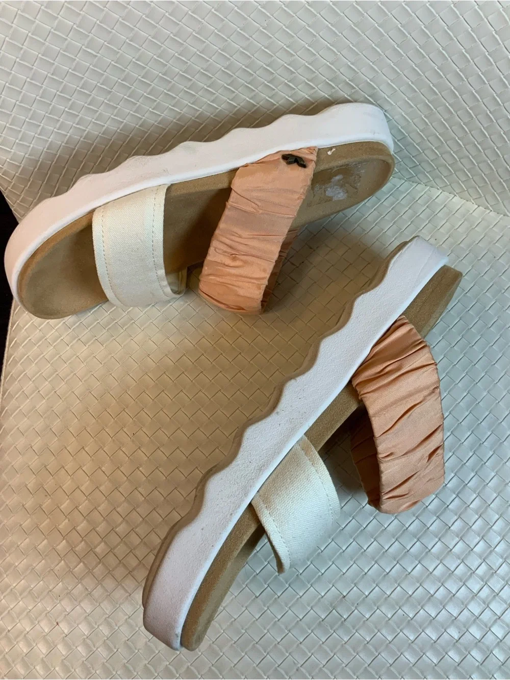 Koolaburra Peach and White Double-Strap Slide Sandals